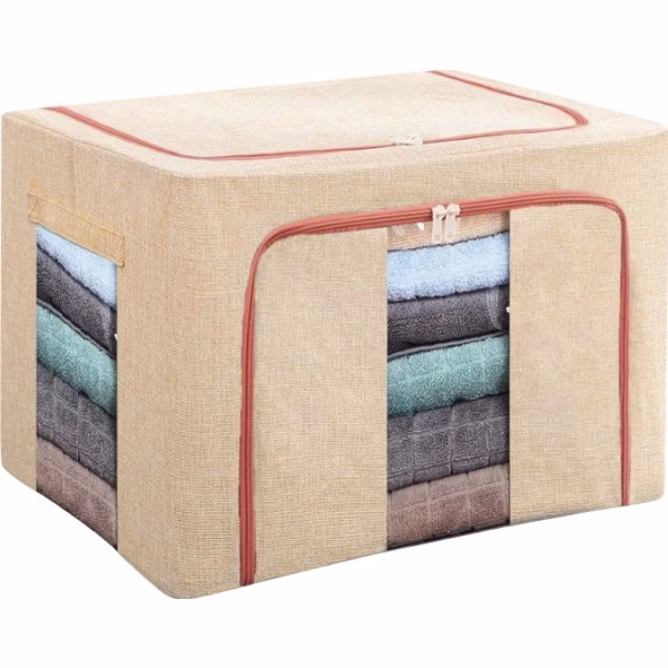 Cutie de depozitare pliabila, Flippy, Cu fermoar, 100 L, Textil, 60x42x40 cm, Cadru Metalic, Suport Baza Stabil din Plastic, Crem cu Doua Ferestre - imagine 1