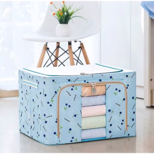 Cutie de Depozitare Pliabila, Flippy, 100 L, din Tesatura Oxford, 60x42x40 cm, Fereastra Frontala, 2 Usi de Acces cu Fermoar Bidirectional, Cadru Metalic, Suport Baza Stabil din Plastic, Imprimeu Cirese, Albastru