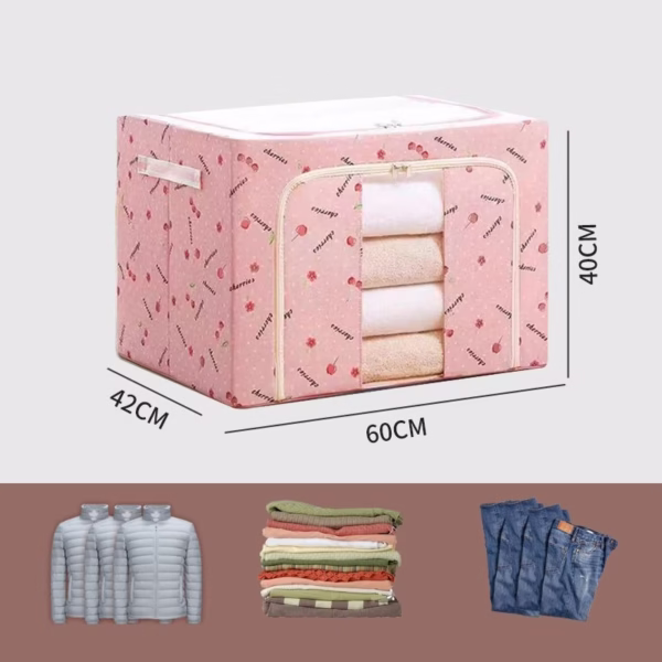 Cutie de Depozitare Pliabila, Flippy, Cu Fermoar, 100 L, Textil, 60x42x40 cm, cu Fereastra, Cadru Metalic, Suport Baza Stabil din Plastic, Imprimeu Cirese, Roz - imagine 2