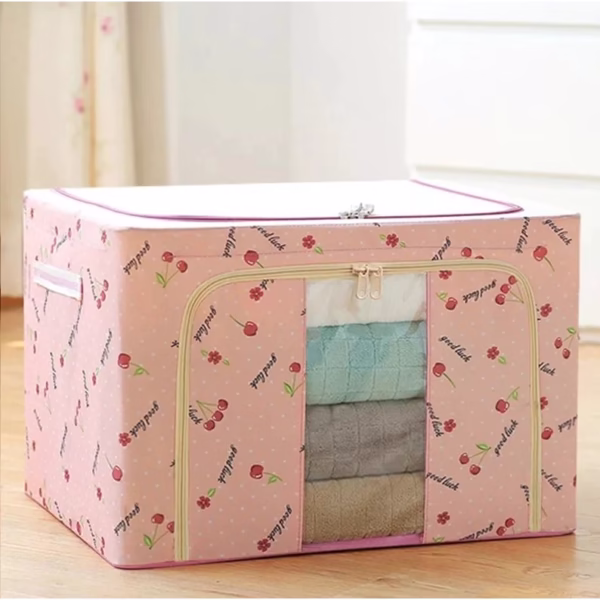 Cutie de Depozitare Pliabila, Flippy, Cu Fermoar, 100 L, Textil, 60x42x40 cm, cu Fereastra, Cadru Metalic, Suport Baza Stabil din Plastic, Imprimeu Cirese, Roz - imagine 3