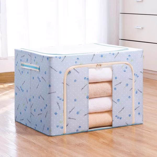 Cutie de Depozitare Pliabila, Flippy, 100 L, din Tesatura Oxford, 60x42x40 cm, Fereastra Frontala, 2 Usi de Acces cu Fermoar Bidirectional, Cadru Metalic, Suport Baza Stabil din Plastic, Imprimeu Cirese, Albastru - imagine 2
