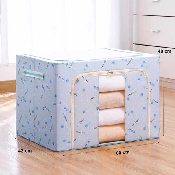 Cutie de Depozitare Pliabila, Flippy, 100 L, din Tesatura Oxford, 60x42x40 cm, Fereastra Frontala, 2 Usi de Acces cu Fermoar Bidirectional, Cadru Metalic, Suport Baza Stabil din Plastic, Imprimeu Cirese, Albastru - imagine 3