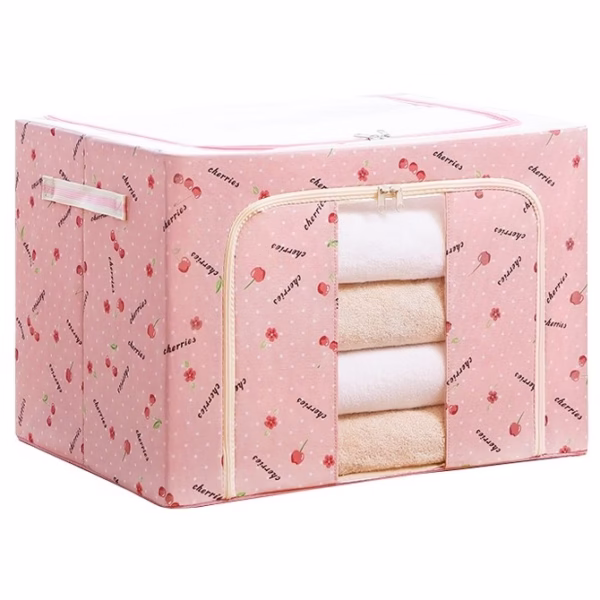 Cutie de Depozitare Pliabila, Flippy, Cu Fermoar, 100 L, Textil, 60x42x40 cm, cu Fereastra, Cadru Metalic, Suport Baza Stabil din Plastic, Imprimeu Cirese, Roz - imagine 1
