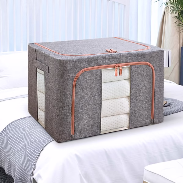 Cutie de depozitare pliabila, Flippy, Cu fermoar, 100 L, Textil, 60x42x40 cm, Cadru Metalic, Suport Baza Stabil din Plastic, Gri, Cu doua ferestre - imagine 2
