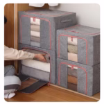 Cutie de depozitare pliabila, Flippy, Cu fermoar, 100 L, Textil, 60x42x40 cm, Cadru Metalic, Suport Baza Stabil din Plastic, Gri, Cu doua ferestre - imagine 4