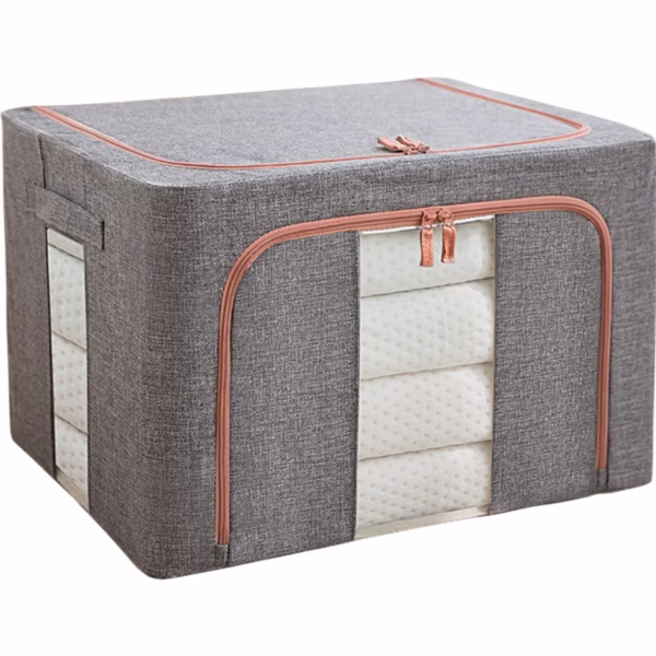 Cutie de depozitare pliabila, Flippy, Cu fermoar, 100 L, Textil, 60x42x40 cm, Cadru Metalic, Suport Baza Stabil din Plastic, Gri, Cu doua ferestre - imagine 1