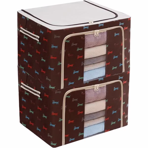 Cutie de Depozitare Pliabila, Flippy, cu Fermoar, 100 L, Textil, 60x42x40 cm, O Fereastra, Cadru Metalic, Suport Baza Stabil din Plastic, Imprimeu Catelusi, Maro - imagine 3