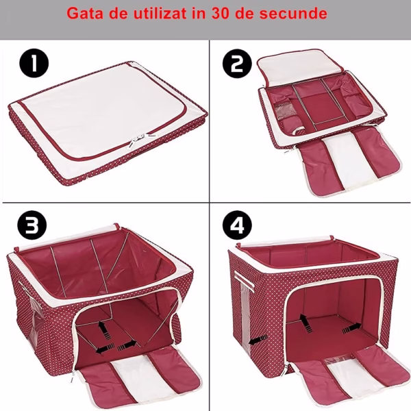 Cutie de Depozitare Pliabila, Flippy, cu Fermoar, 100 L, Textil, 60x42x40 cm, O Fereastra, Cadru Metalic, Suport Baza Stabil din Plastic, imprimeu punctat, Rosu - imagine 1