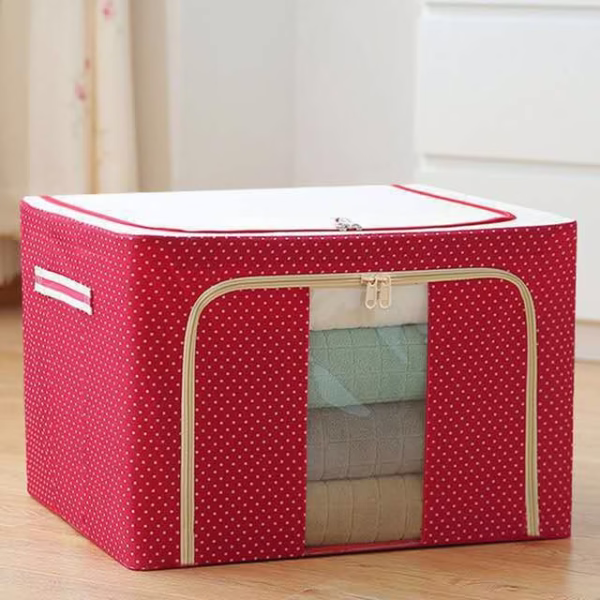 Cutie de Depozitare Pliabila, Flippy, cu Fermoar, 100 L, Textil, 60x42x40 cm, O Fereastra, Cadru Metalic, Suport Baza Stabil din Plastic, imprimeu punctat, Rosu - imagine 5
