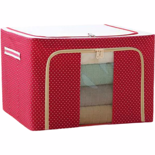 Cutie de Depozitare Pliabila, Flippy, cu Fermoar, 100 L, Textil, 60x42x40 cm, O Fereastra, Cadru Metalic, Suport Baza Stabil din Plastic, imprimeu punctat, Rosu - imagine 3