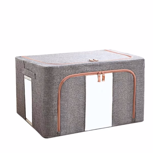 Cutie de Depozitare Pliabila, Flippy, 24 L, din Bumbac si In, 40x30x20 cm, 2 Ferestre, Frontala si Laterala, 2 Usi de Acces cu Fermoar Bidirectional, Cadru Metalic, Suport Baza Stabil din Plastic, Gri - imagine 5