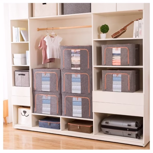 Cutie de Depozitare Pliabila, Flippy, 24 L, din Bumbac si In, 40x30x20 cm, 2 Ferestre, Frontala si Laterala, 2 Usi de Acces cu Fermoar Bidirectional, Cadru Metalic, Suport Baza Stabil din Plastic, Gri - imagine 4