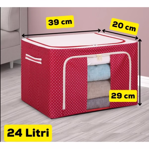 Cutie de Depozitare Pliabila, Flippy, 24 L, Panza Oxford, 40x30x20 cm, Fereastra Frontala, 2 Usi de Acces cu Fermoar Bidirectional, Cadru Metalic, Suport Baza Stabil din Plastic, Imprimeu Buline, Rosu - imagine 3
