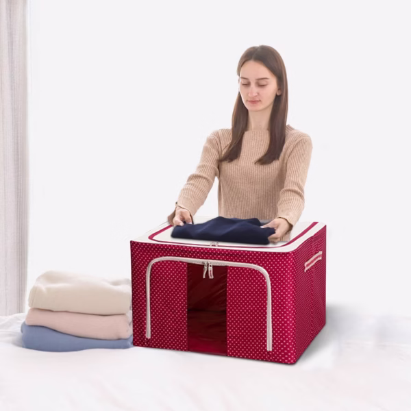 Cutie de Depozitare Pliabila, Flippy, 24 L, Panza Oxford, 40x30x20 cm, Fereastra Frontala, 2 Usi de Acces cu Fermoar Bidirectional, Cadru Metalic, Suport Baza Stabil din Plastic, Imprimeu Buline, Rosu - imagine 4