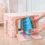 Cutie de Depozitare Pliabila, Flippy, 24 L, Panza Oxford, 40x30x20 cm, Fereastra Frontala, 2 Usi de Acces cu Fermoar Bidirectional, Cadru Metalic, Suport Baza Stabil din Plastic, Imprimeu Cirese, Roz - imagine 3