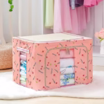 Cutie de Depozitare Pliabila, Flippy, 24 L, Panza Oxford, 40x30x20 cm, Fereastra Frontala, 2 Usi de Acces cu Fermoar Bidirectional, Cadru Metalic, Suport Baza Stabil din Plastic, Imprimeu Cirese, Roz - imagine 2