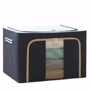 Cutie de Depozitare Pliabila, Flippy, Cu Fermoar, 66 L, Textil, 50 x 40 x 33 cm, Cadru Metalic, Suport Baza Stabil din Plastic, Imprimeu Buline, Albastru Marin