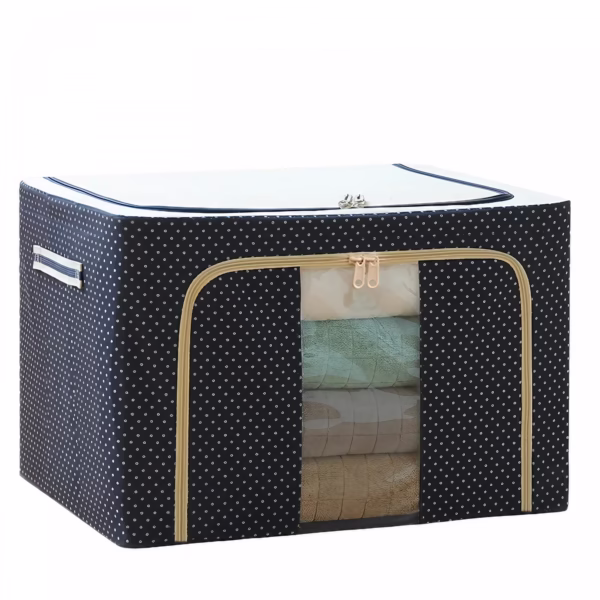 cutie-de-depozitare-pliabila-flippy-cu-fermoar-66-l-textil-50-x-40-x-33-cm-cadru-metalic-suport-baza-6826f2a8ede87 Cutie de Depozitare Pliabila, Flippy, Cu Fermoar, 66 L, Textil, 50 x 40 x 33 cm, Cadru Metalic, Suport Baza Stabil din Plastic, Imprimeu Buline, Albastru Marin - imagine 1
