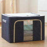 Cutie de Depozitare Pliabila, Flippy, Cu Fermoar, 66 L, Textil, 50 x 40 x 33 cm, Cadru Metalic, Suport Baza Stabil din Plastic, Imprimeu Buline, Albastru Marin - imagine 3
