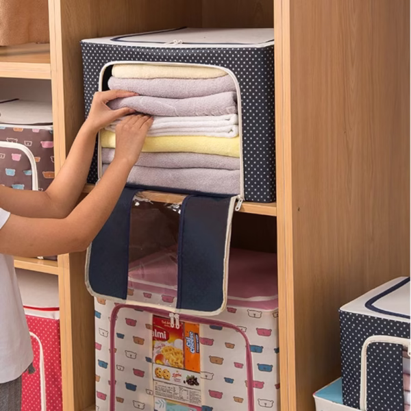 Cutie de Depozitare Pliabila, Flippy, Cu Fermoar, 66 L, Textil, 50 x 40 x 33 cm, Cadru Metalic, Suport Baza Stabil din Plastic, Imprimeu Buline, Albastru Marin - imagine 4