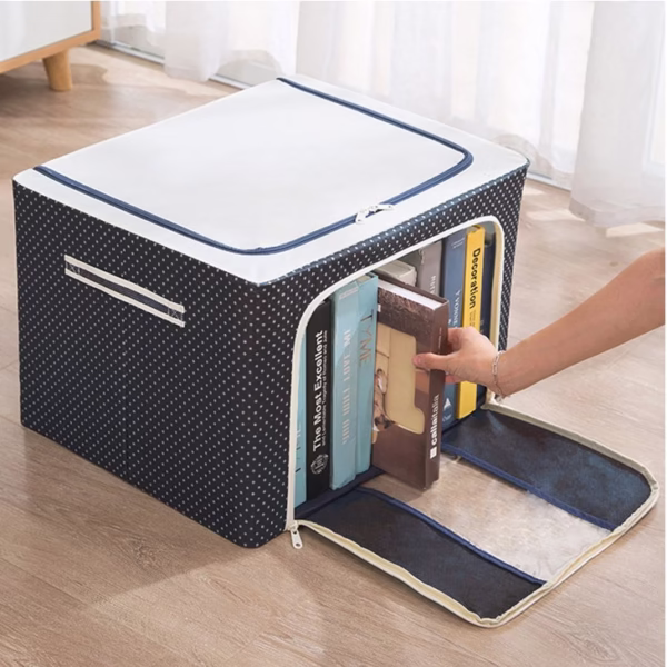 Cutie de Depozitare Pliabila, Flippy, Cu Fermoar, 66 L, Textil, 50 x 40 x 33 cm, Cadru Metalic, Suport Baza Stabil din Plastic, Imprimeu Buline, Albastru Marin - imagine 6