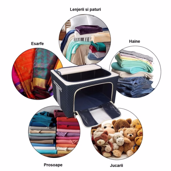 Cutie de Depozitare Pliabila, Flippy, Cu Fermoar, 66 L, Textil, 50 x 40 x 33 cm, Cadru Metalic, Suport Baza Stabil din Plastic, Imprimeu Buline, Albastru Marin - imagine 7