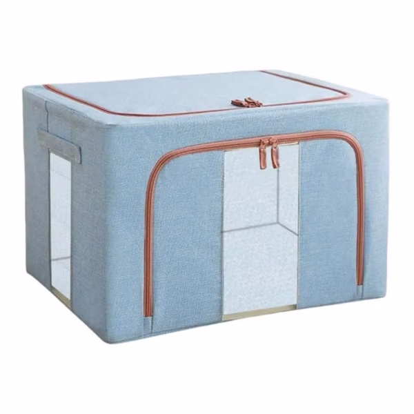 Cutie de Depozitare Pliabila, Flippy, 66 L, din Bumbac si In, 50x40x33 cm, 2 Ferestre, Frontala si Laterala, 2 Usi de Acces cu Fermoar Bidirectional, Cadru Metalic, Suport Baza Stabil din Plastic, Bleu - imagine 3
