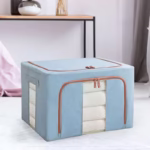 Cutie de Depozitare Pliabila, Flippy, 66 L, din Bumbac si In, 50x40x33 cm, 2 Ferestre, Frontala si Laterala, 2 Usi de Acces cu Fermoar Bidirectional, Cadru Metalic, Suport Baza Stabil din Plastic, Bleu - imagine 2