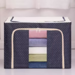 Cutie de Depozitare Pliabila, Flippy, 66 L, din Panza Oxford, 50x40x33 cm, 2 Ferestre, Frontala si Laterala, 2 Usi de Acces cu Fermoar Bidirectional, Cadru Metalic, Suport Baza Stabil din Plastic, Imprimeu Buline, Albastru Marin - imagine 3
