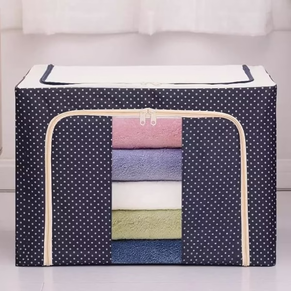 Cutie de Depozitare Pliabila, Flippy, 66 L, din Panza Oxford, 50x40x33 cm, 2 Ferestre, Frontala si Laterala, 2 Usi de Acces cu Fermoar Bidirectional, Cadru Metalic, Suport Baza Stabil din Plastic, Imprimeu Buline, Albastru Marin - imagine 3