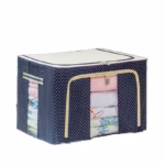 Cutie de Depozitare Pliabila, Flippy, 66 L, din Panza Oxford, 50x40x33 cm, 2 Ferestre, Frontala si Laterala, 2 Usi de Acces cu Fermoar Bidirectional, Cadru Metalic, Suport Baza Stabil din Plastic, Imprimeu Buline, Albastru Marin - imagine 4