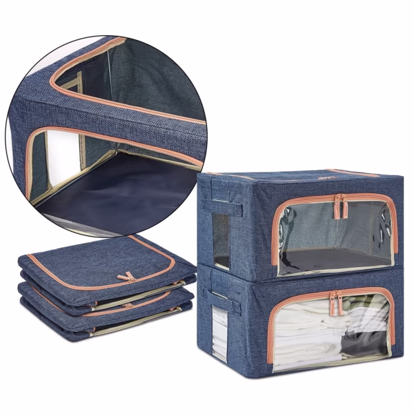 Cutie de depozitare pliabila, Flippy, Cu fermoar, 66 L, Textil, 50x40x33 cm, Albastru Marin, Cadru Metalic, Suport Baza Stabil din Plastic, Cu doua ferestre - imagine 3