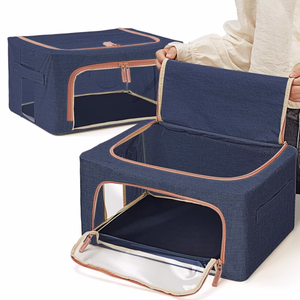 Cutie de depozitare pliabila, Flippy, Cu fermoar, 66 L, Textil, 50x40x33 cm, Albastru Marin, Cadru Metalic, Suport Baza Stabil din Plastic, Cu doua ferestre - imagine 4