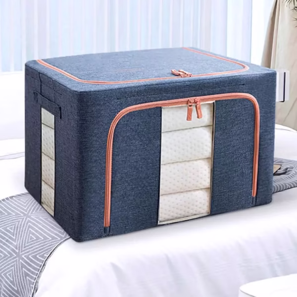 Cutie de depozitare pliabila, Flippy, Cu fermoar, 66 L, Textil, 50x40x33 cm, Albastru Marin, Cadru Metalic, Suport Baza Stabil din Plastic, Cu doua ferestre - imagine 2