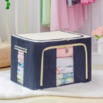 Cutie de Depozitare Pliabila, Flippy, 66 L, din Panza Oxford, 50x40x33 cm, 2 Ferestre, Frontala si Laterala, 2 Usi de Acces cu Fermoar Bidirectional, Cadru Metalic, Suport Baza Stabil din Plastic, Imprimeu Buline, Albastru Marin - imagine 2
