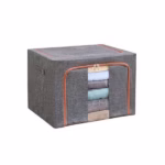Cutie de Depozitare Pliabila, Flippy, 66 L, din Bumbac si In, 50x40x33 cm, Fereastra Frontala, 2 Usi de Acces cu Fermoar Bidirectional, Cadru Metalic, Suport Baza Stabil din Plastic, Gri - imagine 8