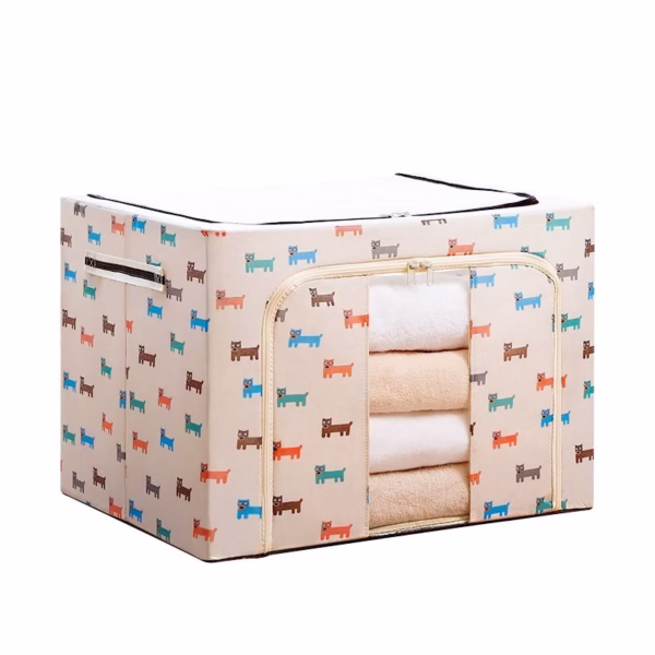 Cutie de Depozitare Pliabila, Flippy, 66 L, Panza Oxford, 50x40x33 cm, Fereastra Frontala, 2 Usi de Acces cu Fermoar Bidirectional, Cadru Metalic, Suport Baza Stabil din Plastic, Imprimeu Catelus, Bej - imagine 5