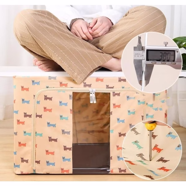 Cutie de Depozitare Pliabila, Flippy, 66 L, Panza Oxford, 50x40x33 cm, Fereastra Frontala, 2 Usi de Acces cu Fermoar Bidirectional, Cadru Metalic, Suport Baza Stabil din Plastic, Imprimeu Catelus, Bej - imagine 1