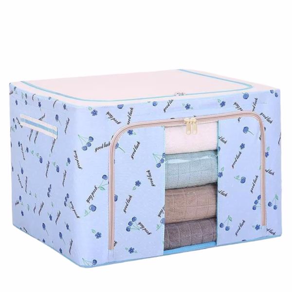 Cutie de Depozitare Pliabila, Flippy, Cu Fermoar, 66 L, Textil, 50x40x33 cm, cu 2 Ferestre, Cadru Metalic, Suport Baza Stabil din Plastic, Imprimeu Cirese, Albastru - imagine 6