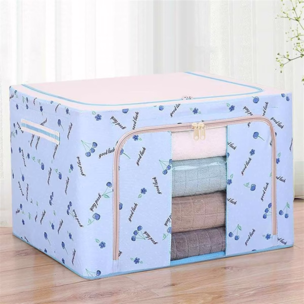 Cutie de Depozitare Pliabila, Flippy, Cu Fermoar, 66 L, Textil, 50x40x33 cm, cu 2 Ferestre, Cadru Metalic, Suport Baza Stabil din Plastic, Imprimeu Cirese, Albastru - imagine 1
