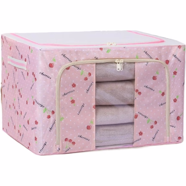 Cutie de Depozitare Pliabila, Flippy, Cu Fermoar, 66 L, Textil, 50x40x33 cm, cu Fereastra, Cadru Metalic, Suport Baza Stabil din Plastic, Imprimeu Cirese, Roz - imagine 3