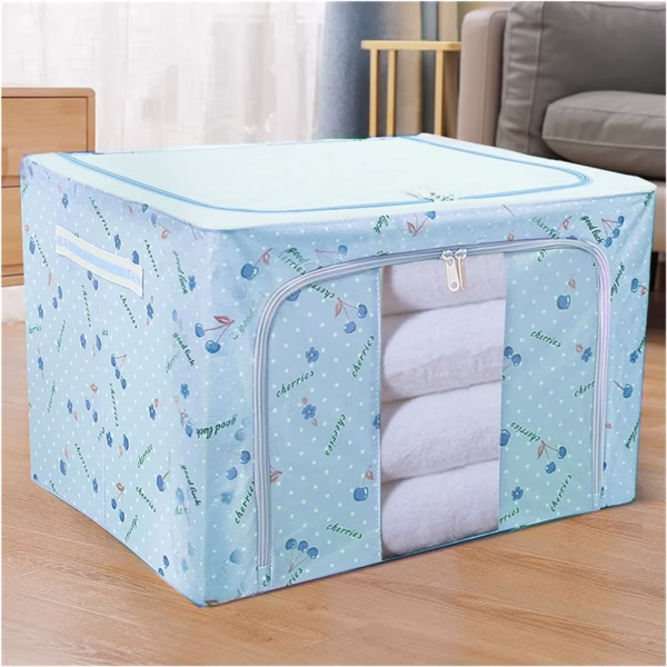 Cutie de Depozitare Pliabila, Flippy, Cu Fermoar, 66 L, Textil, 50x40x33 cm, cu 2 Ferestre, Cadru Metalic, Suport Baza Stabil din Plastic, Imprimeu Cirese, Albastru - imagine 3
