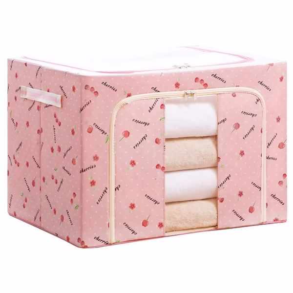 Cutie de Depozitare Pliabila, Flippy, Cu Fermoar, 66 L, Textil, 50x40x33 cm, cu Fereastra, Cadru Metalic, Suport Baza Stabil din Plastic, Imprimeu Cirese, Roz - imagine 1