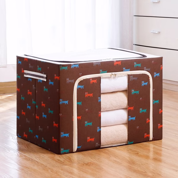 Cutie de Depozitare Pliabila, Flippy, 66 L, din Tesatura Oxford, 50x40x33 cm, Fereastra Frontala, 2 Usi de Acces cu Fermoar Bidirectional, Cadru Metalic, Suport Baza Stabil din Plastic, Imprimeu Catelusi, Maro - imagine 2