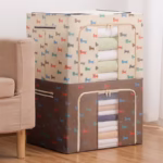Cutie de Depozitare Pliabila, Flippy, 66 L, din Tesatura Oxford, 50x40x33 cm, Fereastra Frontala, 2 Usi de Acces cu Fermoar Bidirectional, Cadru Metalic, Suport Baza Stabil din Plastic, Imprimeu Catelusi, Maro - imagine 5