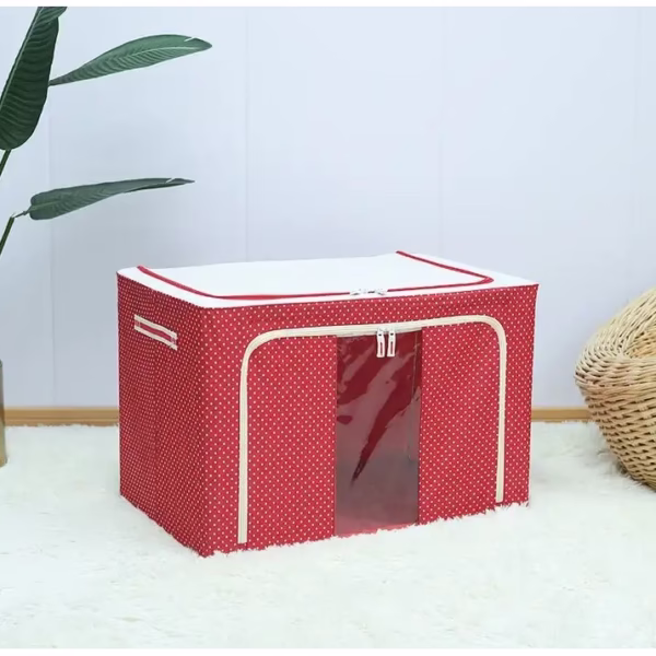 Cutie de Depozitare Pliabila, Flippy, 66 L, din Tesatura Oxford, 50x40x33 cm, Fereastra Frontala, 2 Usi de Acces cu Fermoar Bidirectional, Cadru Metalic, Suport Baza Stabil din Plastic, Imprimeu Buline, Rosu - imagine 3