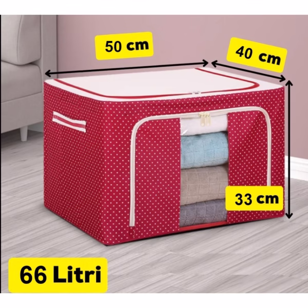 Cutie de Depozitare Pliabila, Flippy, 66 L, din Tesatura Oxford, 50x40x33 cm, Fereastra Frontala, 2 Usi de Acces cu Fermoar Bidirectional, Cadru Metalic, Suport Baza Stabil din Plastic, Imprimeu Buline, Rosu - imagine 1