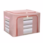 Cutie de Depozitare Pliabila, Flippy, 66 L, din Bumbac si In, 50x40x33 cm, 2 Ferestre, Frontala si Laterala, 2 Usi de Acces cu Fermoar Bidirectional, Cadru Metalic, Suport Baza Stabil din Plastic, Roz Pudrat - imagine 4