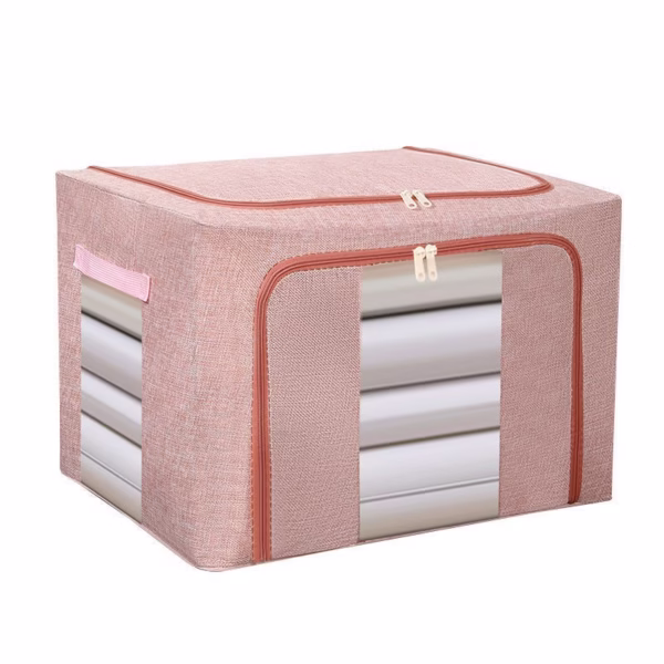 Cutie de Depozitare Pliabila, Flippy, 66 L, din Bumbac si In, 50x40x33 cm, 2 Ferestre, Frontala si Laterala, 2 Usi de Acces cu Fermoar Bidirectional, Cadru Metalic, Suport Baza Stabil din Plastic, Roz Pudrat - imagine 4