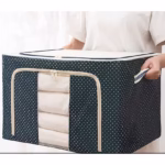 Cutie de Depozitare Pliabila, Flippy, Cu Fermoar, 66 L, Textil, 50 x 40 x 33 cm, Cadru Metalic, Suport Baza Stabil din Plastic, Imprimeu Buline, Albastru Marin - imagine 2